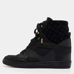 Louis Vuitton Black Leather and Monogram Suede Cliff Wedge Sneakers Size 37