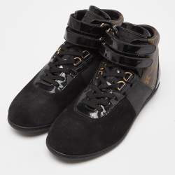 Louis Vuitton Black/Brown Suede, Patent Leather and Monogram Canvas Move Up Sneakers Size 38