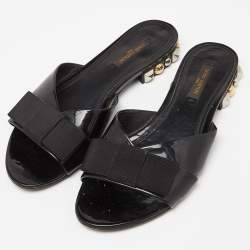 Louis Vuitton Black Patent Leather Bow Flat Slides Size 37