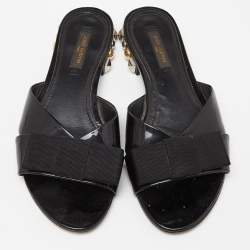 Louis Vuitton Black Patent Leather Bow Flat Slides Size 37