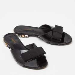 Louis Vuitton Black Patent Leather Bow Flat Slides Size 37