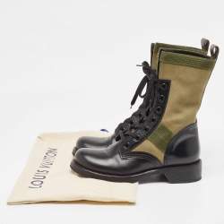 Pre Owned Louis Vuitton Black/Green Canvas and Leather Wonderland Flat Ranger Boots Size 37.5