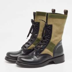 Pre Owned Louis Vuitton Black/Green Canvas and Leather Wonderland Flat Ranger Boots Size 37.5