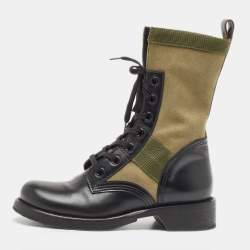 Pre Owned Louis Vuitton Black/Green Canvas and Leather Wonderland Flat Ranger Boots Size 37.5
