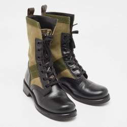 Pre Owned Louis Vuitton Black/Green Canvas and Leather Wonderland Flat Ranger Boots Size 37.5