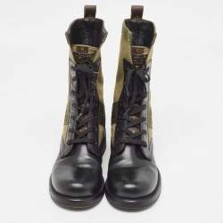 Pre Owned Louis Vuitton Black/Green Canvas and Leather Wonderland Flat Ranger Boots Size 37.5
