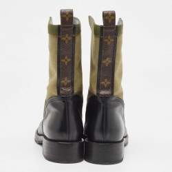 Pre Owned Louis Vuitton Black/Green Canvas and Leather Wonderland Flat Ranger Boots Size 37.5