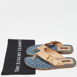 Louis Vuitton Bllue Denim/Beige Monogram Thong Buckle Detail Sandals Size 37.5