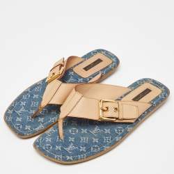 Louis Vuitton Bllue Denim/Beige Monogram Thong Buckle Detail Sandals Size 37.5