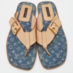 Louis Vuitton Bllue Denim/Beige Monogram Thong Buckle Detail Sandals Size 37.5