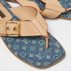 Louis Vuitton Bllue Denim/Beige Monogram Thong Buckle Detail Sandals Size 37.5