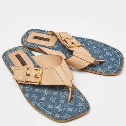 Louis Vuitton Bllue Denim/Beige Monogram Thong Buckle Detail Sandals Size 37.5