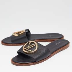 Louis Vuitton Black Leather Lock It Flat Slides Size 39