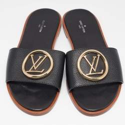 Louis Vuitton Black Leather Lock It Flat Slides Size 39