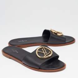 Louis Vuitton Black Leather Lock It Flat Slides Size 39