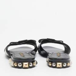 Pre Owned Louis Vuitton Black Patent Leather Bow Studded Flat Slides Size 39