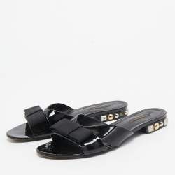 Pre Owned Louis Vuitton Black Patent Leather Bow Studded Flat Slides Size 39