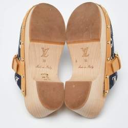 Louis Vuitton Navy Blue/Tan Printed Canvas and Leather Cottage Clog Mules Size 38