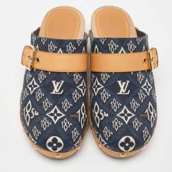 Louis Vuitton Navy Blue/Tan Printed Canvas and Leather Cottage Clog Mules Size 38