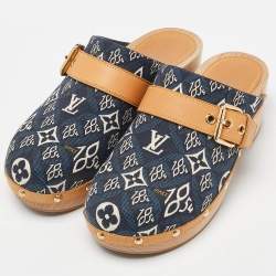 Louis Vuitton Navy Blue/Tan Printed Canvas and Leather Cottage Clog Mules Size 38