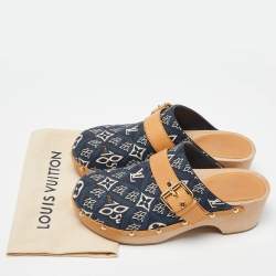 Louis Vuitton Navy Blue/Tan Printed Canvas and Leather Cottage Clog Mules Size 38