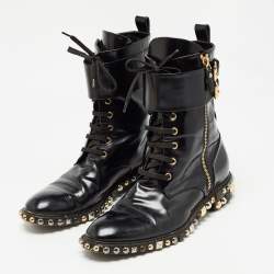 Pre Owned Louis Vuitton Black Patent Leather Embellished Ankle Boots Size 38.5