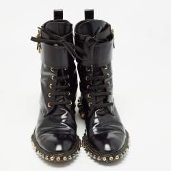 Pre Owned Louis Vuitton Black Patent Leather Embellished Ankle Boots Size 38.5
