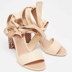 Pre Owned Louis Vuitton Beige Leather Ankle Tie Sandals Size 37