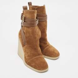Pre Owned Louis Vuitton Brown Suede Ankle Buckle Ankle Boots Size 37