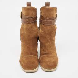 Pre Owned Louis Vuitton Brown Suede Ankle Buckle Ankle Boots Size 37