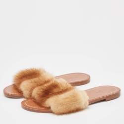 Louis Vuitton Brown Fur Lock It Flat Slides Size 38 