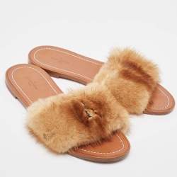 Louis Vuitton Brown Fur Lock It Flat Slides Size 38 
