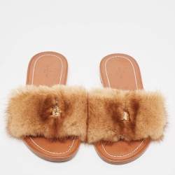 Louis Vuitton Brown Fur Lock It Flat Slides Size 38 