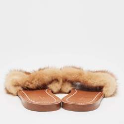 Louis Vuitton Brown Fur Lock It Flat Slides Size 38 