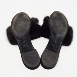 Louis Vuitton Black Fur Crystal Embellished Slide Flats  Size 38.5
