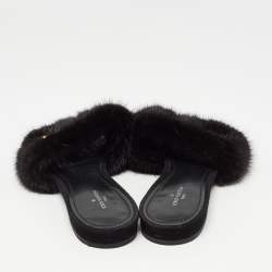 Louis Vuitton Black Fur Crystal Embellished Slide Flats  Size 38.5