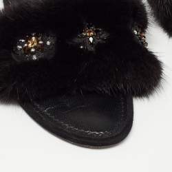 Louis Vuitton Black Fur Crystal Embellished Slide Flats  Size 38.5