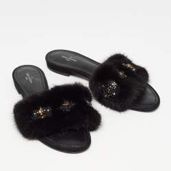 Louis Vuitton Black Fur Crystal Embellished Slide Flats  Size 38.5