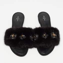 Louis Vuitton Black Fur Crystal Embellished Slide Flats  Size 38.5