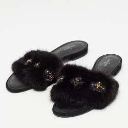 Louis Vuitton Black Fur Crystal Embellished Slide Flats  Size 38.5