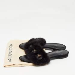 Louis Vuitton Black Fur Crystal Embellished Slide Flats  Size 38.5