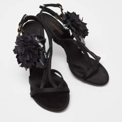 Louis Vuitton Black Satin and Patent Leather Flower Embellished Ankle Strap Sandals Size 38.5