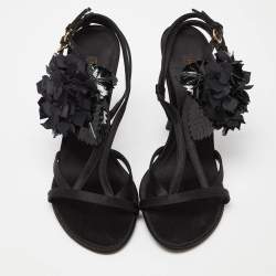 Louis Vuitton Black Satin and Patent Leather Flower Embellished Ankle Strap Sandals Size 38.5