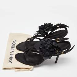 Louis Vuitton Black Satin and Patent Leather Flower Embellished Ankle Strap Sandals Size 38.5