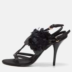 Louis Vuitton Black Satin and Patent Leather Flower Embellished Ankle Strap Sandals Size 38.5
