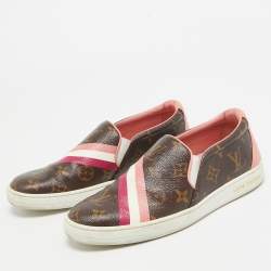 Pre Owned Louis Vuitton Brown/Pink Leather and Canvas Frontrow Sneakers Size 36.5