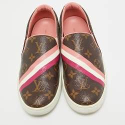Pre Owned Louis Vuitton Brown/Pink Leather and Canvas Frontrow Sneakers Size 36.5