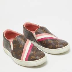 Pre Owned Louis Vuitton Brown/Pink Leather and Canvas Frontrow Sneakers Size 36.5