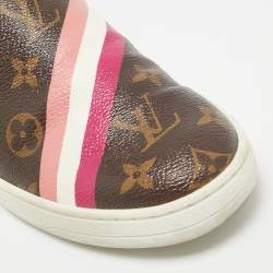 Pre Owned Louis Vuitton Brown/Pink Leather and Canvas Frontrow Sneakers Size 36.5