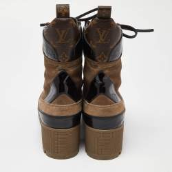 Pre Owned Louis Vuitton Brown/Black Suede and Monogram Canvas Laureate Combat Boots Size 40